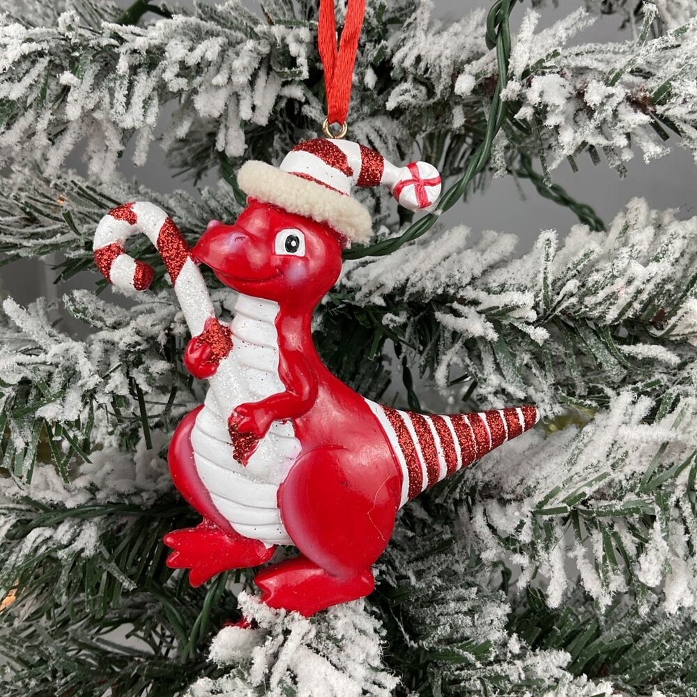 Christmas Ornament- Red Festive Dinosaur Holding Big Candy Cane